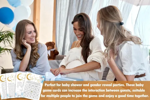 Vista 5 de Moon Stars - Juego de juegos para baby shower, 4 juegos incluye Word Scramble, Oh Baby, predicciones y consejos, bingo, 50 tarjetas de doble cara