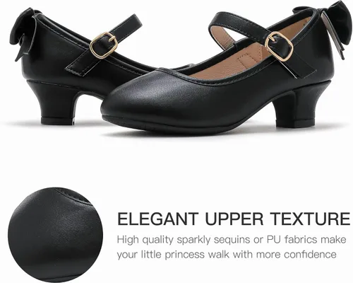 Vista 4 de Dufannie Zapatos de vestir para niñas, zapatos de tacón bajo de princesa, zapatos planos con purpurina para bodas y fiestas