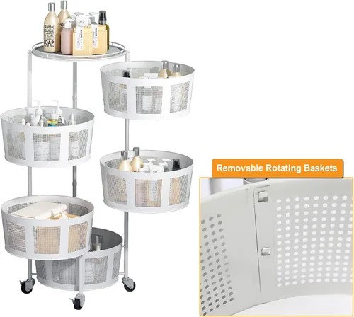 Vista 2 de Cestas giratorias de cocina con ruedas redondas de malla de 5 niveles, organizador de frutas y verduras, almacenamiento rodante con ruedas