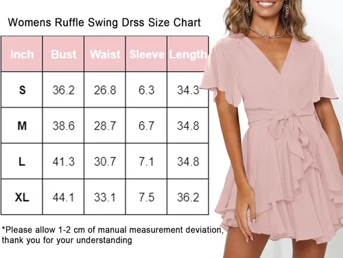 Vista 6 de Ferlema Vestido corto de verano para mujer, cuello en V, manga corta, lazo en la cintura, casual, acampanado, con vuelo