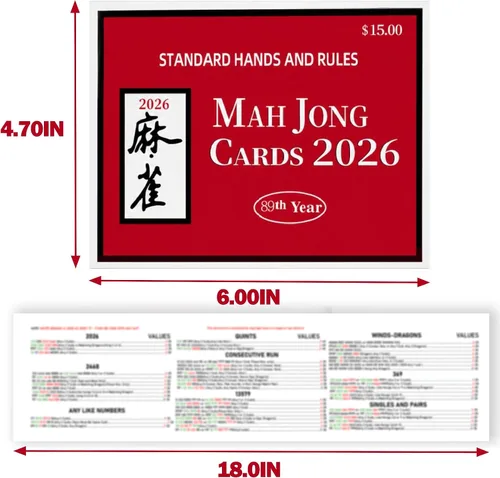 Vista 4 de Mahjong Rule Cards versión 2026 - Impresión grande y fácil de leer, paquete de 4 (rojo)