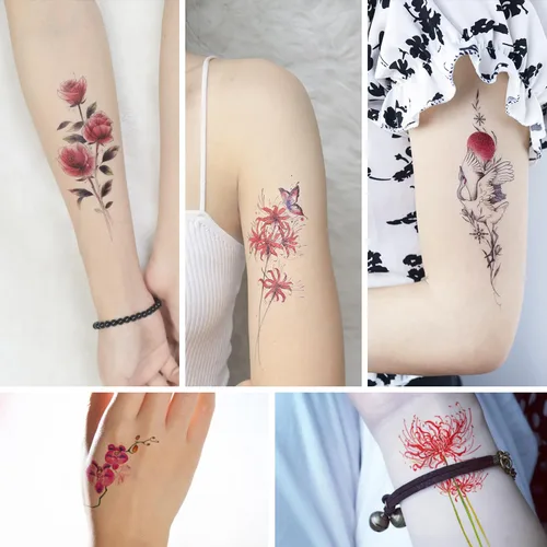 Vista 3 de Tatuaje temporal impermeable de 10 brazos rosa rojo rosa rosa flor grúa palabras + 7 hojas de cuello lindo hoja de nube