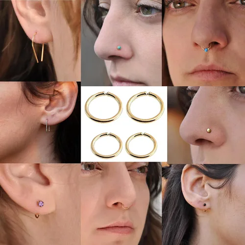 Vista 6 de Juego de 2 pares de anillos de nariz para cartílago pequeños para mujer, tragus, tabique, hélix, múltiples piercings finos