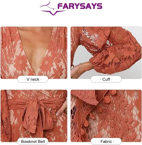 Vista 5 de FARYSAYS Womens Long Sleeve V Neck Lace Wrap Mini Dresses