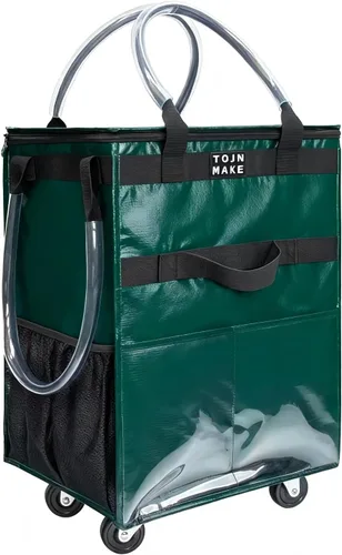 Vista 26 de Bolsa de comestibles reutilizable sobre ruedas, carrito de compras con 8 bolsillos y cubierta con cremallera, bolsa plegable con ruedas, asas