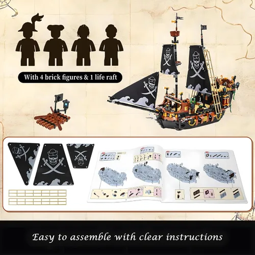 Vista 4 de Mini kit de construcción de barco pirata de 1328 piezas, bloques creativos del Caribe Adventure Kits de construcción, regalo perfecto