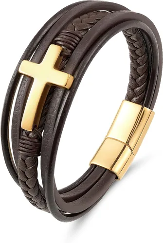 Vista 9 de Pulsera de cuero para hombre con cruz trenzada de varias capas con cierre de acero inoxidable, regalos religiosos cristianos para él