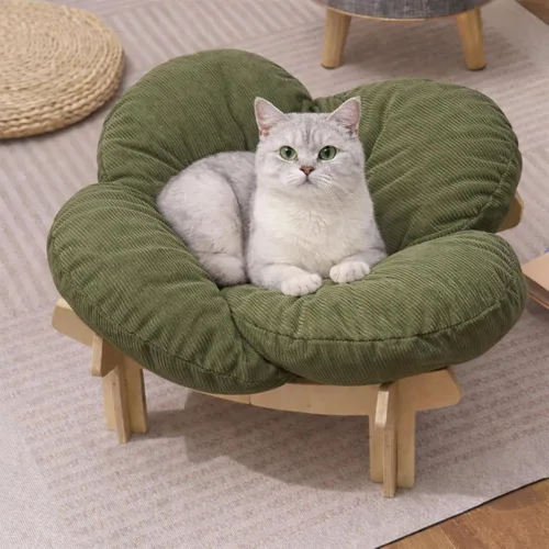 Vista 8 de Cama elevada de madera para gatos con cojín extraíble esponjoso, moderno sofá para gatos en forma de pétalos, sofá para gatos de interior, perros