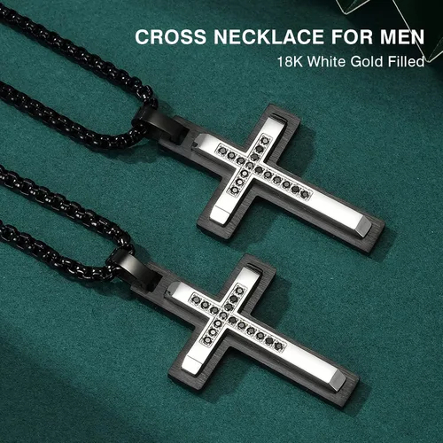 Vista 3 de PAITAIN Collar de cruz para hombres, regalos de cumpleaños para papá, joyería para hombres, papá, chapado en oro blanco, acero de titanio, cruz
