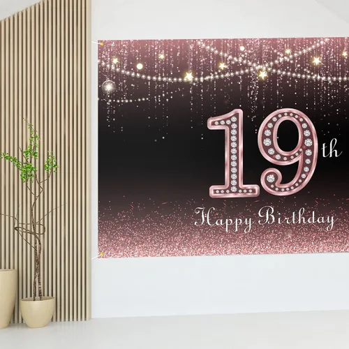 Vista 7 de HAMIGAR Fondo de pancarta de feliz cumpleaños 19 de 6 x 4 pies, decoraciones de cumpleaños de 19 años, suministros de fiesta para mujeres, oro rosa