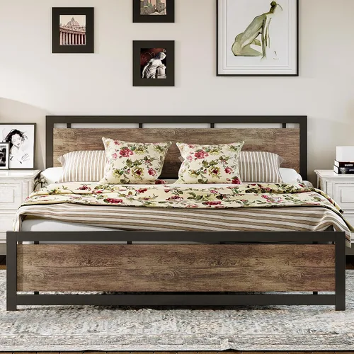 Vista 11 de LIKIMIO Base de cama tamaño King con cabecero y estribo Negro