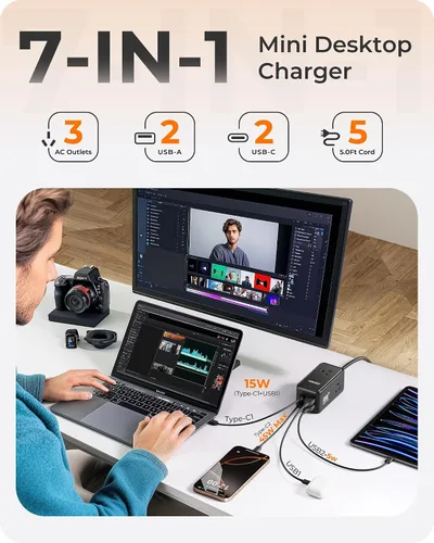 Vista 3 de LENCENT 65W GaN III 7 en 1 estación de carga, cargador USB C de escritorio
