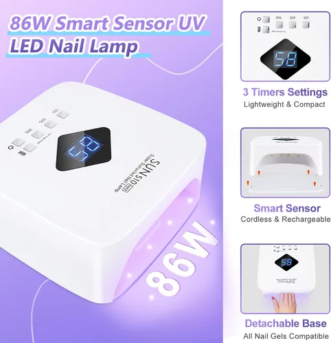 Vista 2 de LKE Lámpara de uñas UV recargable inalámbrica, luz UV de 86 W para uñas de gel con 3 ajustes de temporizador, sensor automático, secado rápido