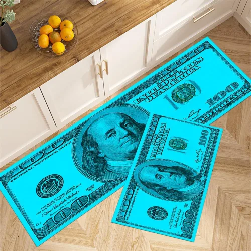 Vista 32 de GUBIYU Juego de 2 alfombras y tapetes de cocina color beige y dorado para billetes de 100 dólares, alfombra divertida y fresca para baño