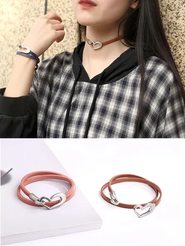 Vista 3 de choice of all Pulseras de cuero para mujer, collar de pulsera de cuero con dije de corazón de moda, collar de cuero para mujer