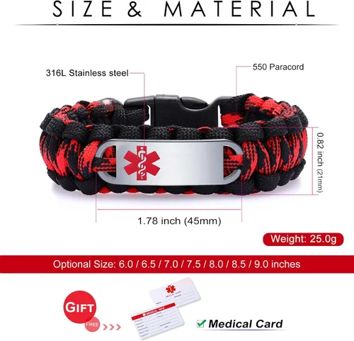 Vista 17 de Pulsera de alerta médica Paracord para hombres y mujeres Pulsera de identificación médica de acero inoxidable con hebillas de liberación lateral