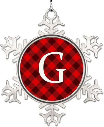 Vista 14 de Adorno de copo de nieve de letra A con inicial de copo de nieve, adorno de monograma a cuadros rojos para decoración de árbol de Navidad, adornos