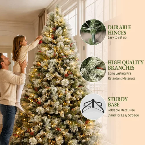 Vista 3 de Árbol de Navidad preiluminado flocado de 6 pies con agujas de Pino flocado