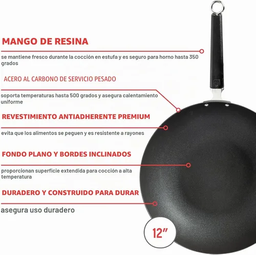 Vista 2 de JOYCE CHEN Serie Professional - Sartén para saltear antiadherente Excalibur de acero al carbono de 12 pulgadas con mango fenólico Sartén para freír