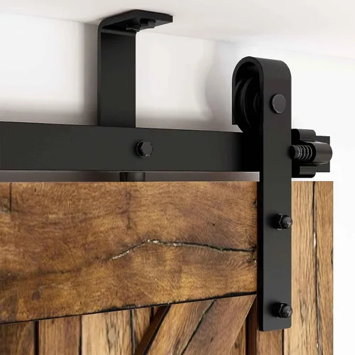 Vista 3 de CCJH Kit de herrajes para puerta corrediza de granero de 4 pies, sistema de soporte en forma de L de techo bajo para puerta de madera individual