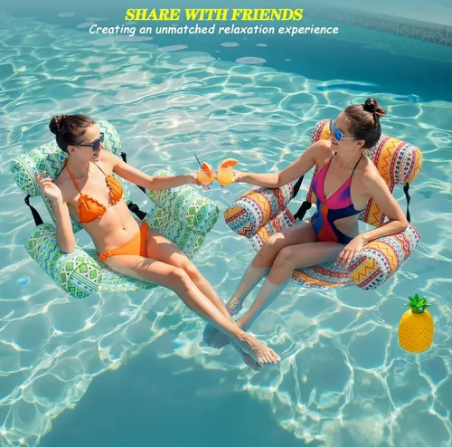 Vista 6 de Paquete de 3 flotadores inflables para piscina, sillas flotantes para adultos, hamaca ajustable, silla flotante de agua, natación, patrón de plantas