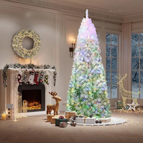 Vista 9 de Árbol de Navidad de lápiz flocado de nieve de 6 pies con degradado azul, árbol de Navidad artificial delgado en soporte de metal resistente