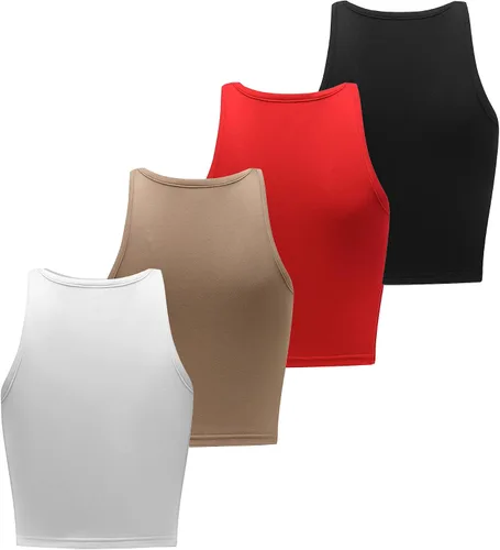 Vista 3 de 4 piezas de camiseta corta básica sin mangas para mujer, cuello redondo