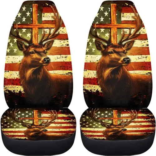 Vista 3 de LedBack Fundas universales de asiento de coche solo para asientos delanteros, bandera estadounidense, ciervos, 2 piezas, protector elástico