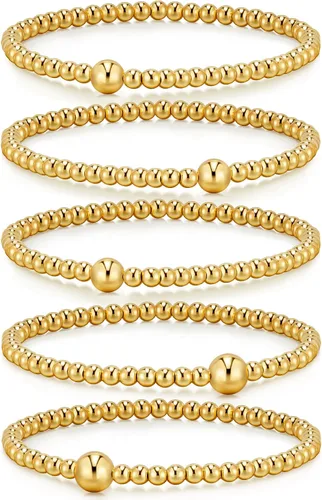 Vista 14 de Doubgood - Pulseras de oro para mujer, juego de 5 piezas, pulseras chapadas en oro de 14 quilates, conjuntos de joyería con cuentas elásticas