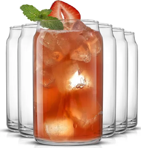 Vista 9 de JoyJolt Juego de vasos de vidrio para beber de 6 a 16 onzas. Vasos de vidrio con forma de lata de soda transparente, lindos vasos de taza de café