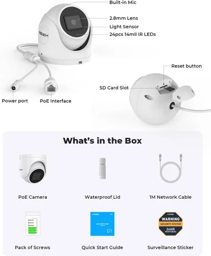 Vista 7 de (Compatible con Hikvision) H.VIEW Cámara POE para exteriores de 5 MP con torreta de seguridad IP, visión nocturna IR de 100 pies, lente fija
