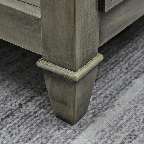 Vista 8 de Mesa de centro de madera maciza con tapa de vidrio templado, mesa rectangular para sala de estar con estante de almacenamiento de 2 neumáticos, mesa