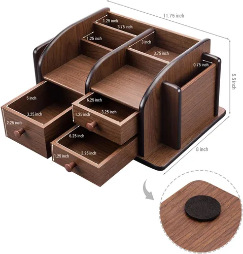 Vista 3 de MyGift organizador de elementos de escritorio y oficina, madera marrón, mueble con 3 gavetas, 3 compartimentos y 2 estantes