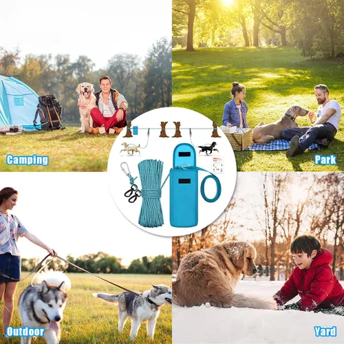 Vista 6 de Cable de amarre mejorado para perros para campamento, sistema de carrito portátil de 100 pies para 2 perros, sistema de enganche para perros Azul