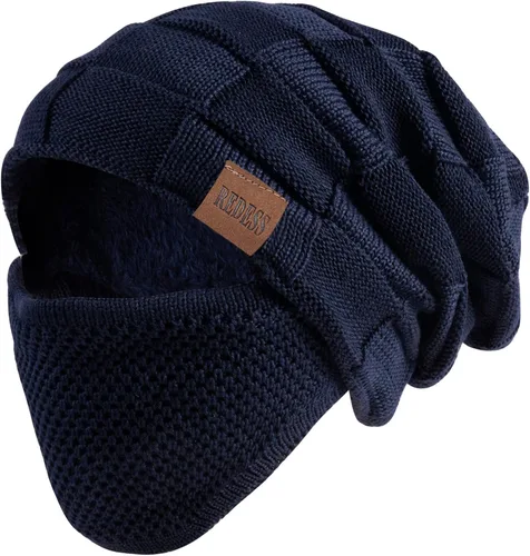 Vista 11 de REDESS Gorro para hombre y mujer, gorro de invierno cálido de punto holgado grueso con cubierta facial D2 Negro