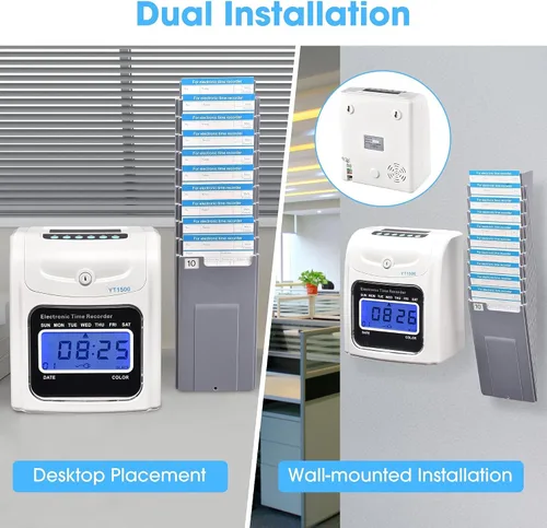 Vista 4 de Yescom Asistencia Punch Time Clock Bundle Employee Payroll Recorder LCD Pantalla con 100 tarjetas, 1 soporte para tarjetas de tiempo, 2 llaves