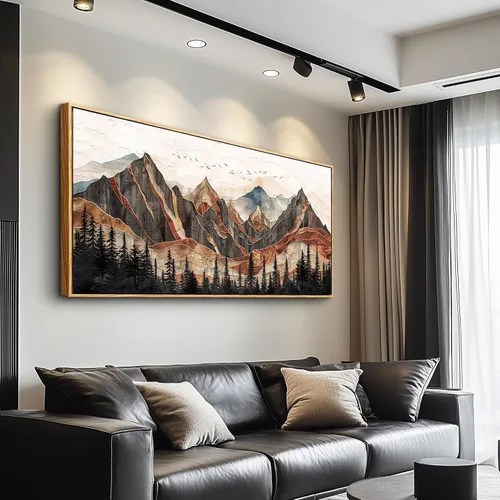Vista 3 de XIGUANGART Arte de pared enmarcado de montaña, decoración de pared de montañas horizontales largas, pintura de pared de naturaleza de pinos