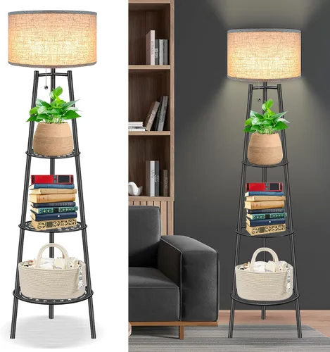 Vista 8 de ZQQLITE 2 lámparas de pie negras con estantes para sala de estar, lámpara de pie, lámpara alta, Amparas elegantes para sala con pantalla de lino