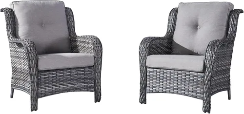 Vista 51 de HUMMUH Juego de 2 sillas de mimbre para patio, sillas de comedor de ratán de polietileno para exteriores, con cojines de asiento de 4 pulgadas