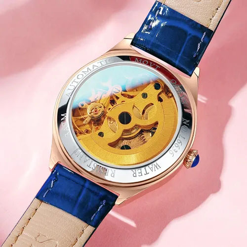 Vista 5 de OLEVS Reloj mecánico automático para mujer, correa de cuero, cuerda automática, reloj de pulsera para mujer, esfera de corazón de diamante