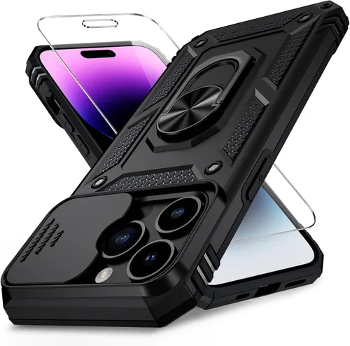 Vista 18 de Funda para iPhone 14 con cubierta para lente de cámara, protector de pantalla HD, protección contra caídas de grado militar de 10 pies, soporte