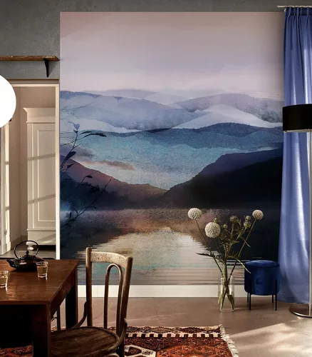 Vista 4 de Papel tapiz de montaña, papel tapiz extraíble. Pintura de acuarela de pared de retiro de vista de montaña. Papel tapiz de guardería, mural despegar