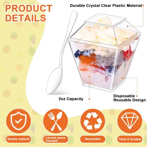 Vista 3 de 600 piezas de mini tazas de parfait de postre con tapas y cucharas, taza cuadrada transparente para aperitivos, cuenco de postre de plástico