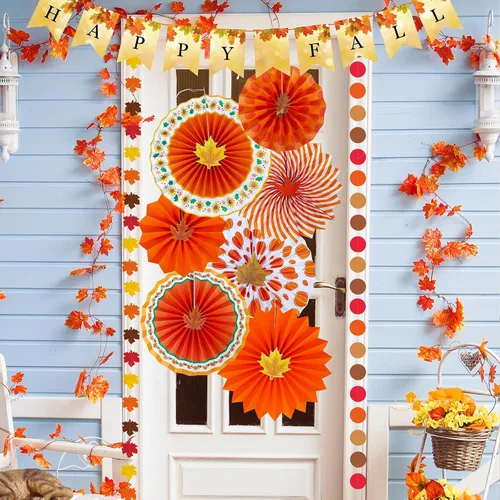 Vista 3 de Winlyn Paquete de 21 decoraciones de fiesta de otoño a granel, color naranja tía, abanicos de papel colgantes, pancarta de feliz otoño, pompones