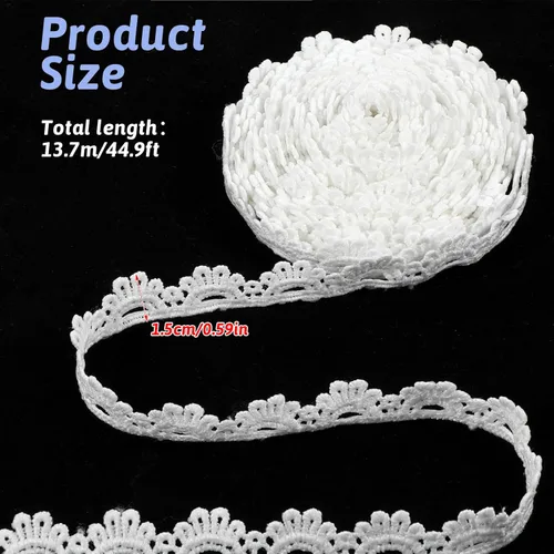 Vista 2 de Borde de encaje blanco de ganchillo para costura, ribete de encaje blanco de 15 yardas, cordones bordados con borde festoneado para manualidades