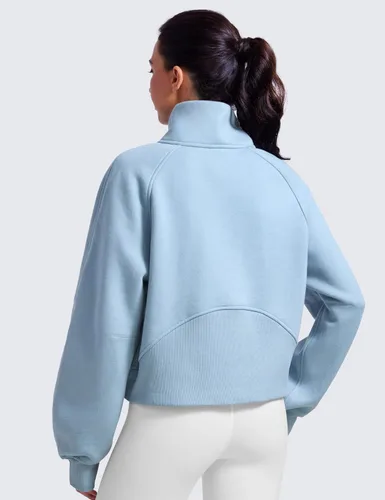 Vista 2 de CRZ YOGA Sudaderas con forro polar para mujer, media cremallera, cuello embudo, manga larga, sudaderas de gran tamaño con agujeros para el pulgar