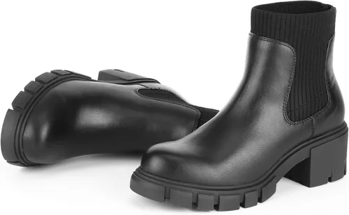 Vista 9 de FITORY Botas Chelsea para mujer, botines de tobillo elásticos con tacón medio grueso y suela con tacos, zapatos cómodos y modernos sin cordones