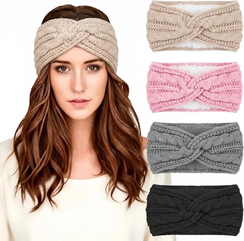 Vista 15 de Chalier Winter Headbands for Women, Crochet Ear Warmer Headband Beige/Negro/Gris Oscuro/Rojo