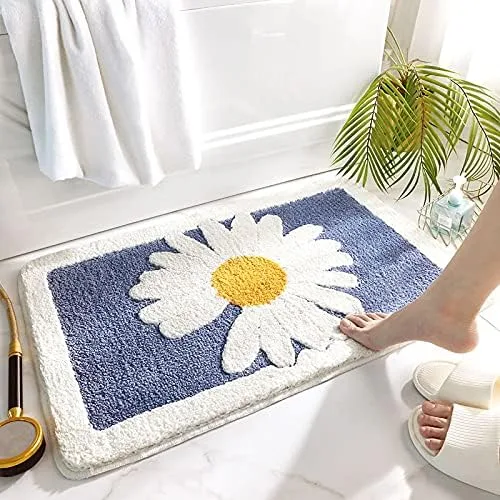 Vista 3 de Tapete de baño suave con diseño de margarita, divertido tapete de baño antideslizante absorbente de agua, lavable a máquina (azul)