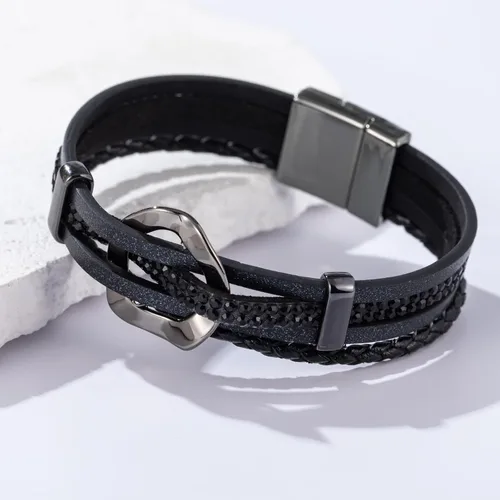 Vista 6 de Pulseras de cuero con diamantes de imitación, estilo bohemio, trenzadas Negro